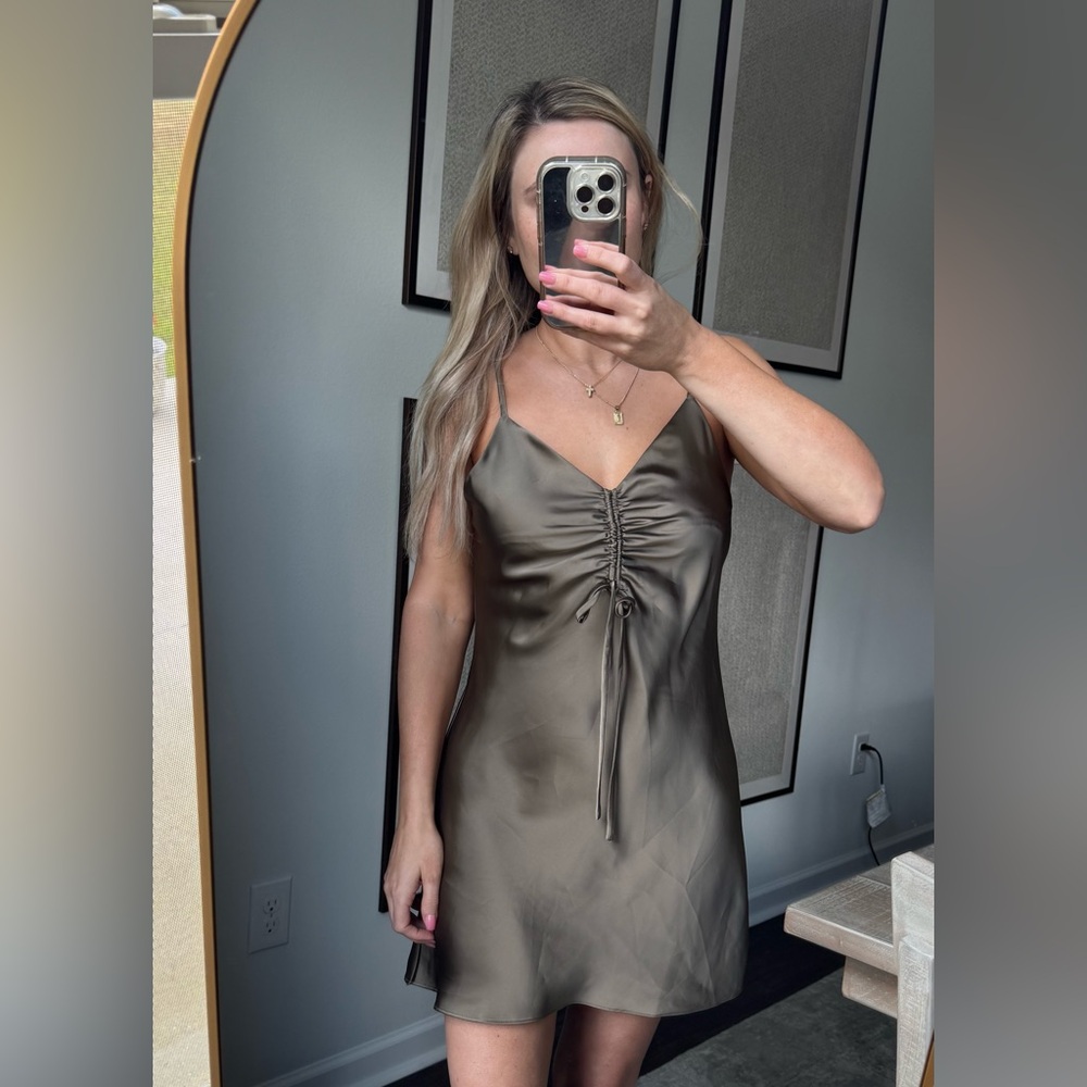 Sleek Satin Ruched Olive Green Midi Slip Flowy Dress - Picture 5 of 9